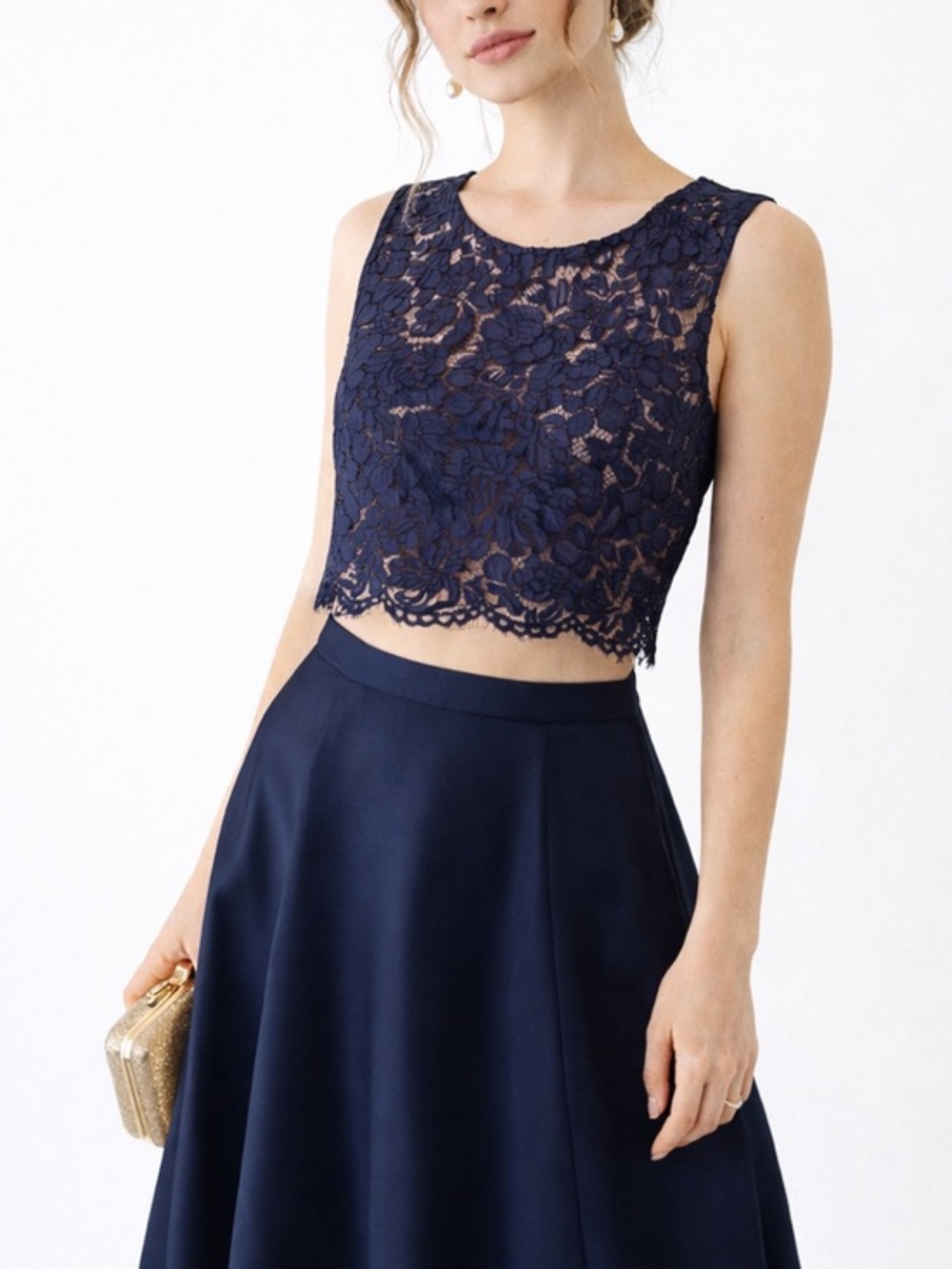 Jenny Yoo Navy Lace Crop Top  Elegant Bridal Party Formal Chic Coquette Y2K S